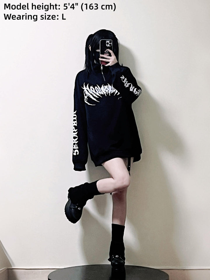 Gothic Black and White Sweatshirt, Zipper Collar 44218:804135