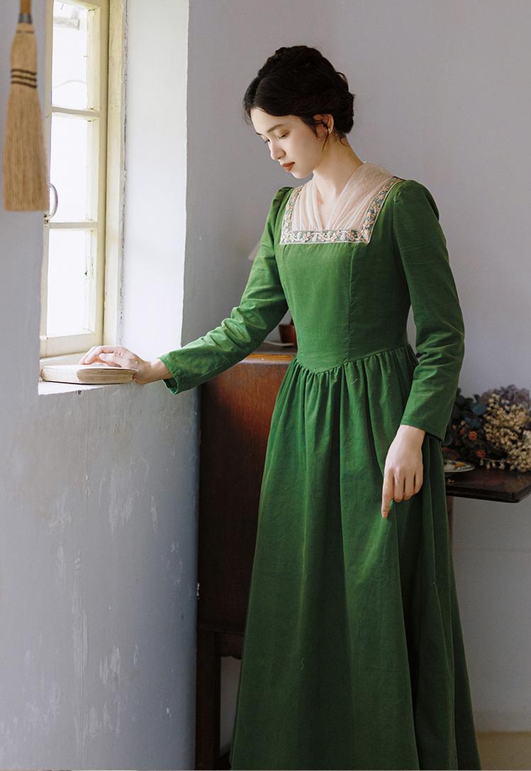 Retro Prom Dress Green Elegant Corduroy Court Dress 42200:732873