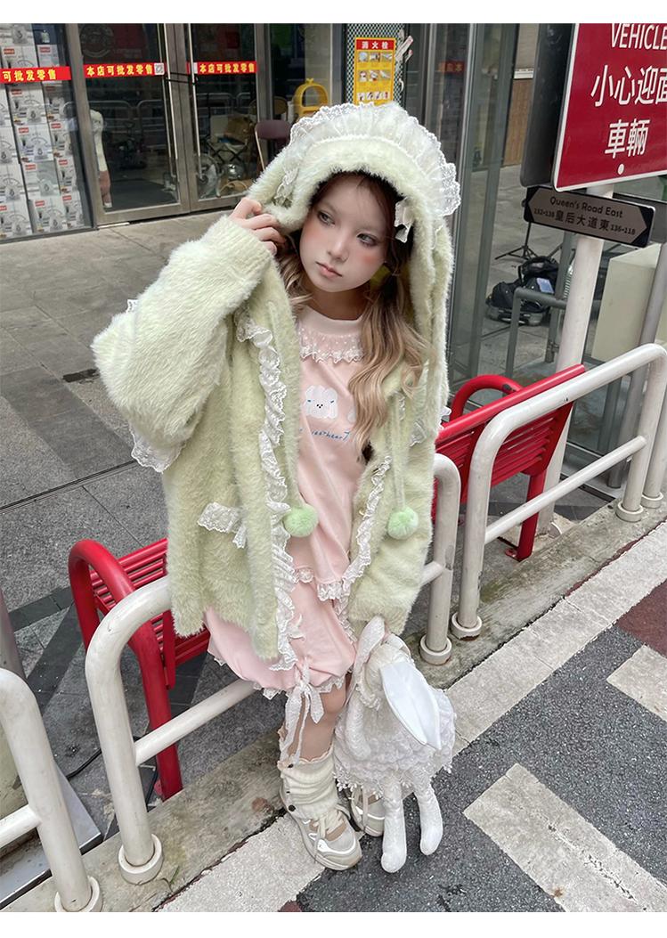 Kawaii Coat Sweater Bunny Ear Lace Knitted Hooded Cardigan 40338:665328