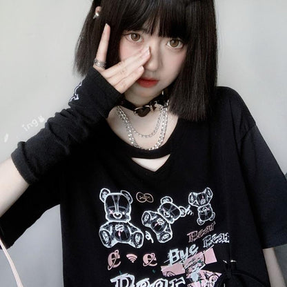Jirai Kei T-shirt Bear Printed Short Sleeve Top For Summer 37570:563282