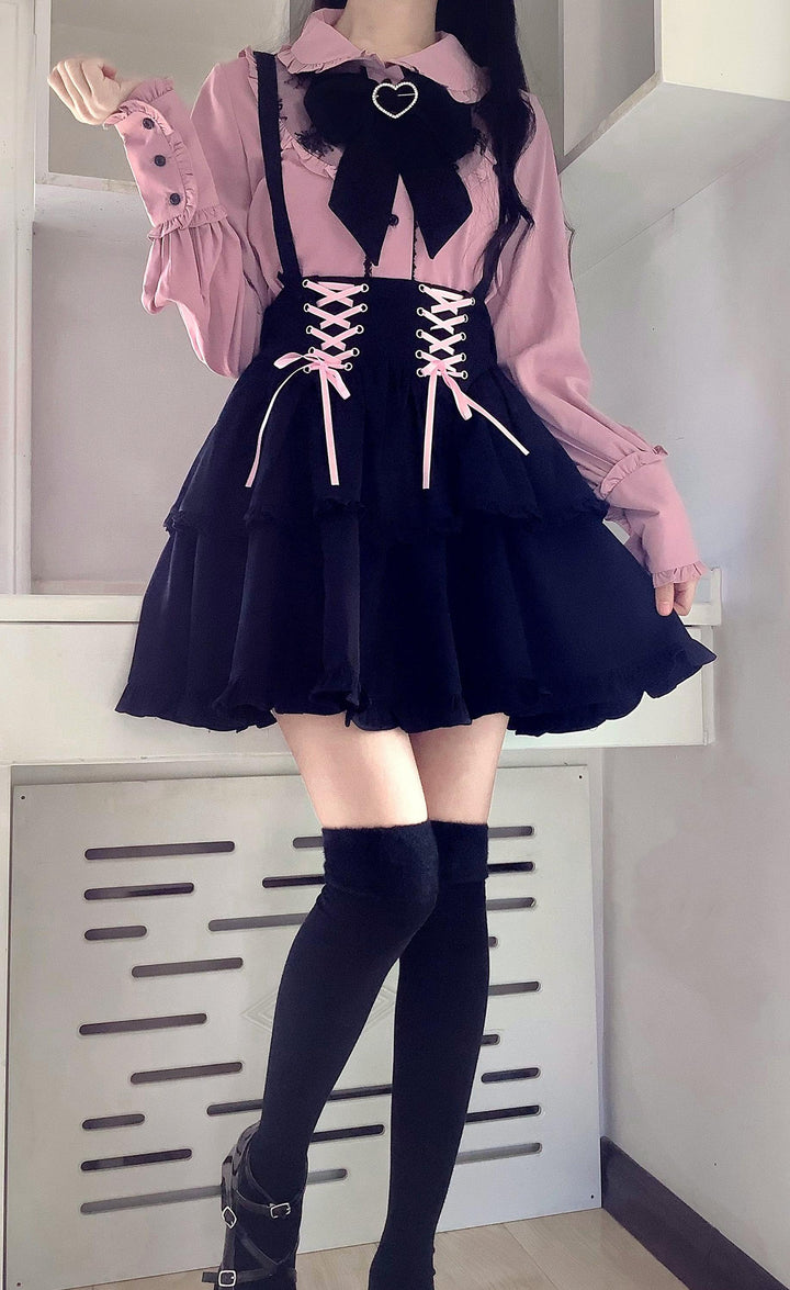 Jirai Kei Blouse Pink Blue Shirt Black Lace Up Skirt 21832:760693