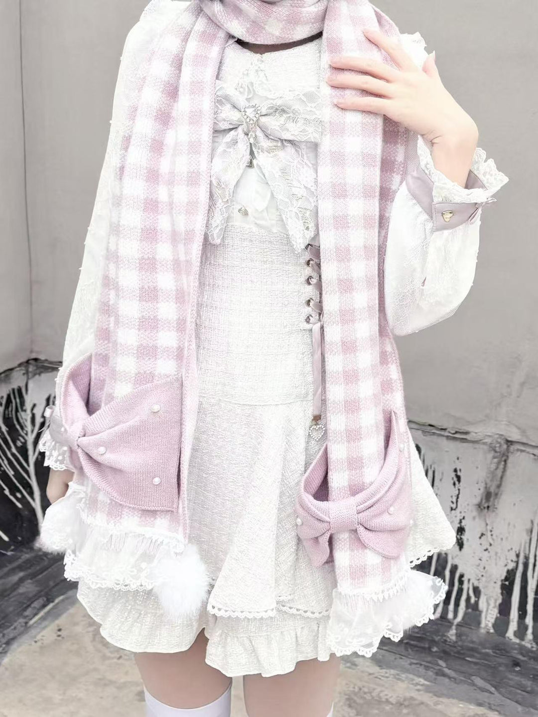 Ryousangata Scarf Plaid Pearl Bow Lace Scarf With Pom Poms 41674:711534