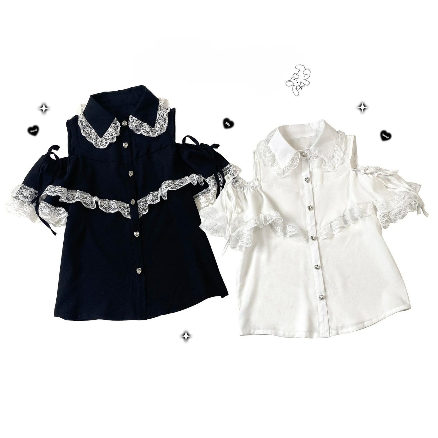 Jirai Kei Shirt Lace Open-shoulder Blouse Short Sleeve Top 36782:537550