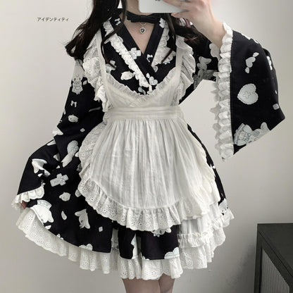 Tenshi Kaiwai Patchwork Skirt Kimono Top White Apron Three-Piece Set 36786:536948