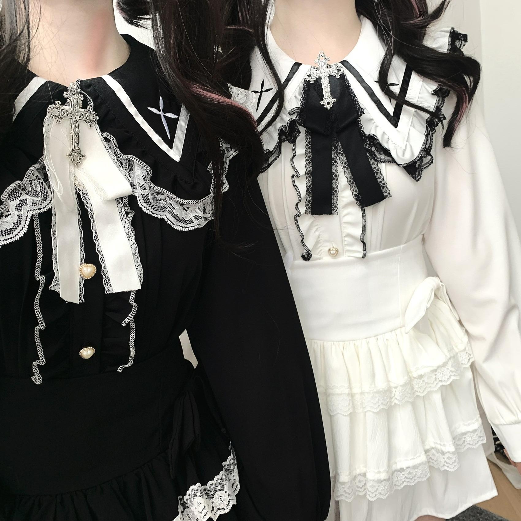 Jirai Kei Blouse Sailor Collar Shirt Cross Lace Long Sleeve Blouse 36780:537500