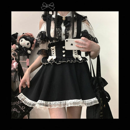 Jirai Kei Suspender Skirt Ruffled Lace Strap Salopette 35372:544186
