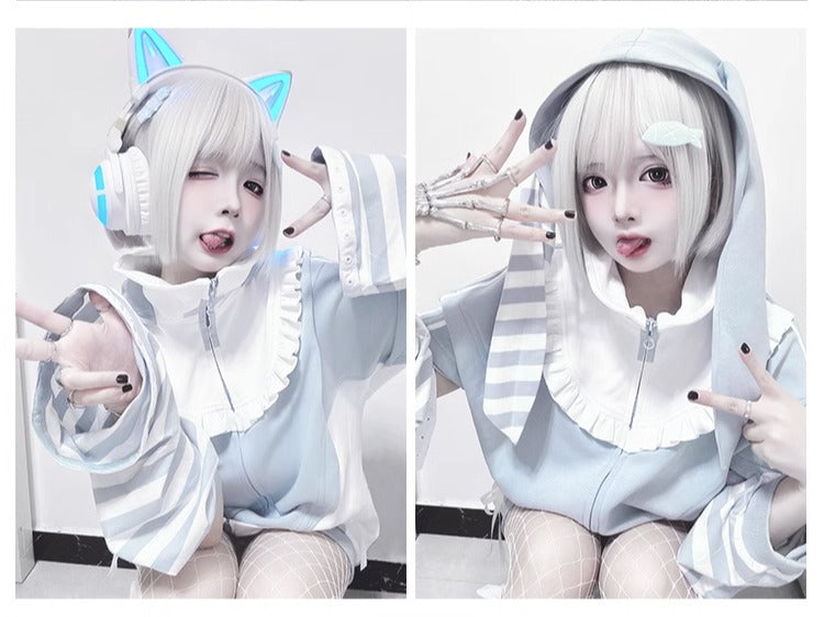 Jirai Kei Blue Hooded Coat With Long Bunny Ears 21834:319466 21834:319466