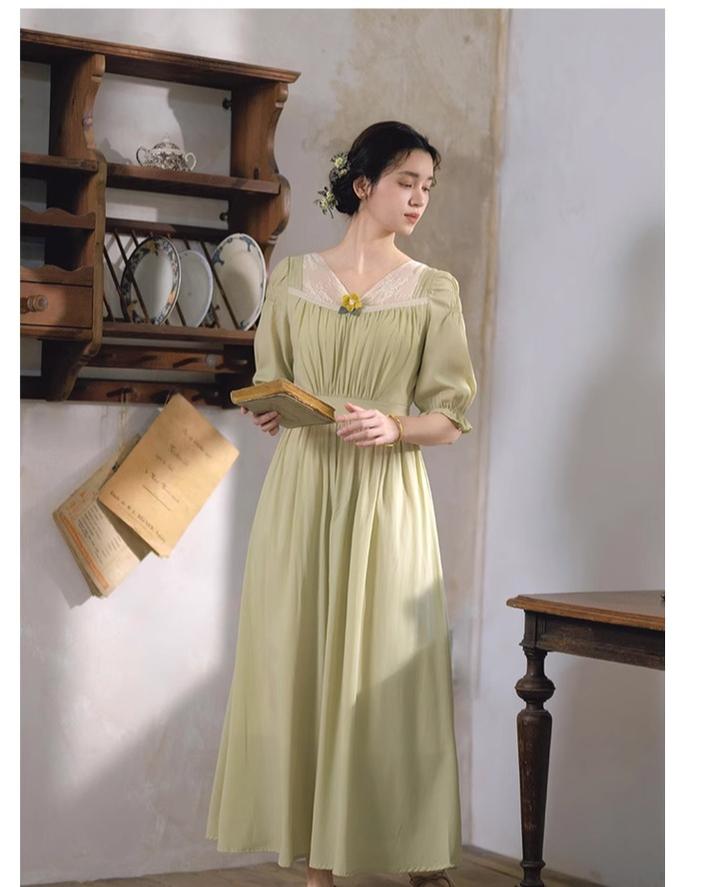 Mori Kei Dress Elegant Dress Matcha Green Lace Trim Dress 36344:547248