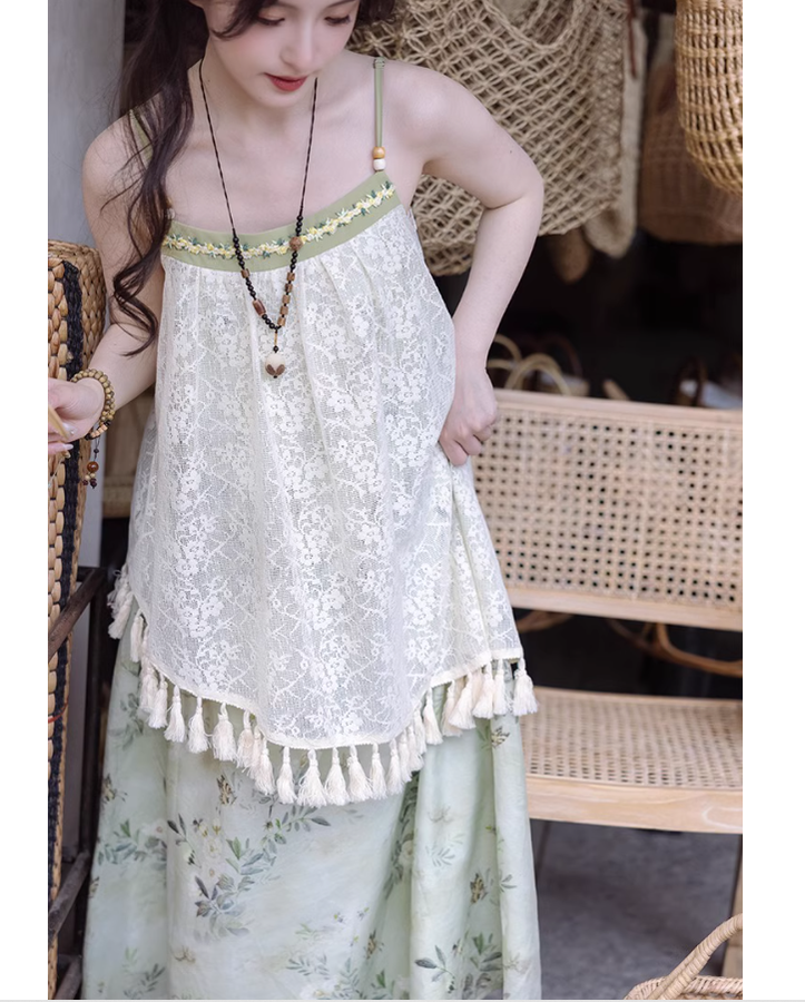 Cottagecore Dress Mori Kei Strap Dress Floral Dress With Tassels 36246:534472
