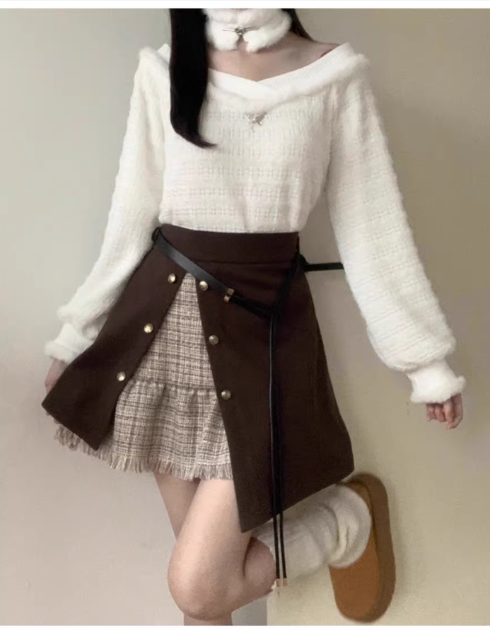 Mori Kei Outfit Set Plush Coat Sweater Skirt Set 41114:695004