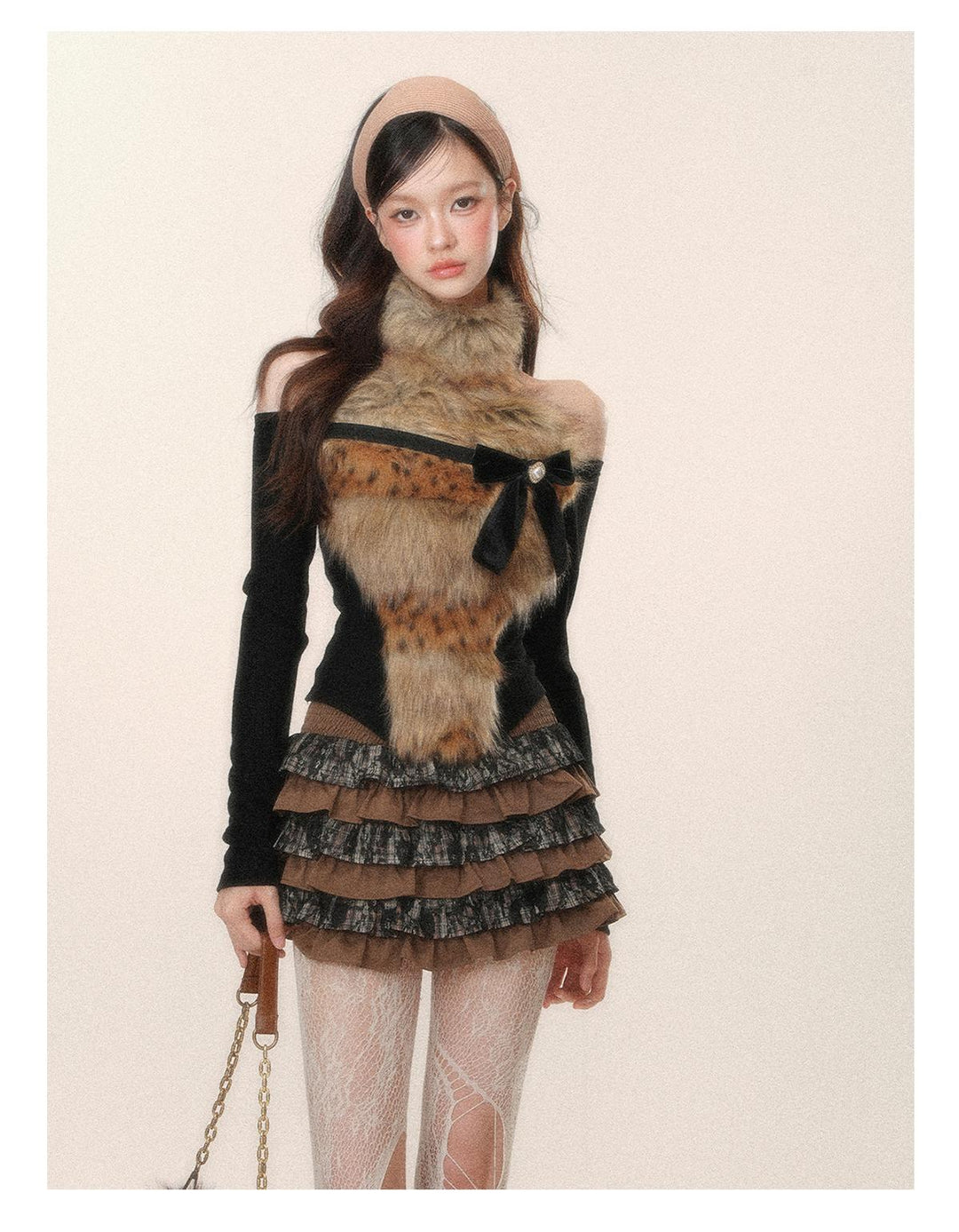 Gyaru Sweater Black-Brown Sexy Leopard Off-Shoulder Knit Top 41794:719402