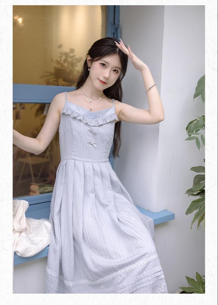 Mori Kei Strap Dress V-neck Dress With Multiple colors 36210:524190 36210:524190