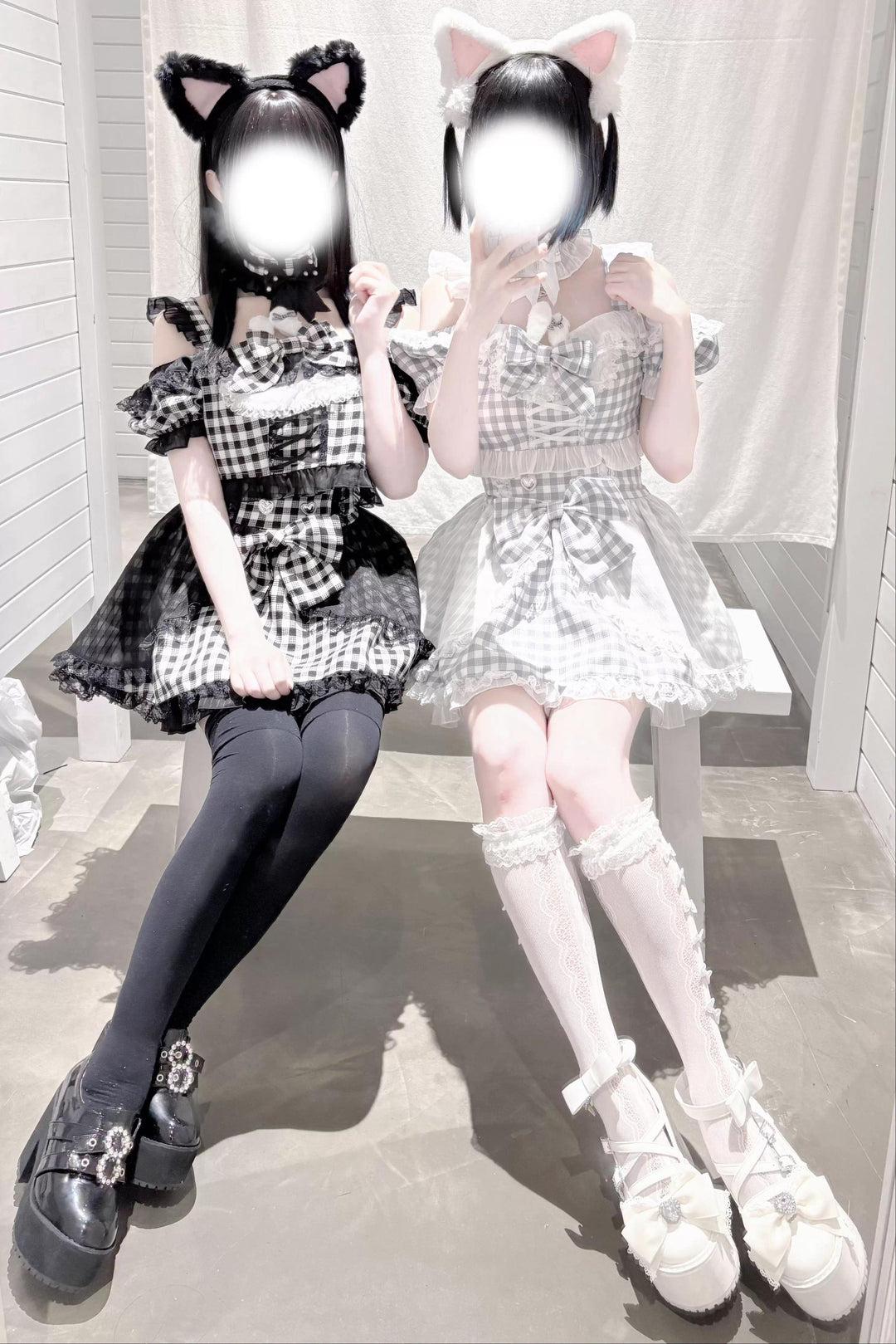 Plaid Stage Jirai Kei Outfit, Furry Bunny Ear Blouse, Skirt 43614:780919