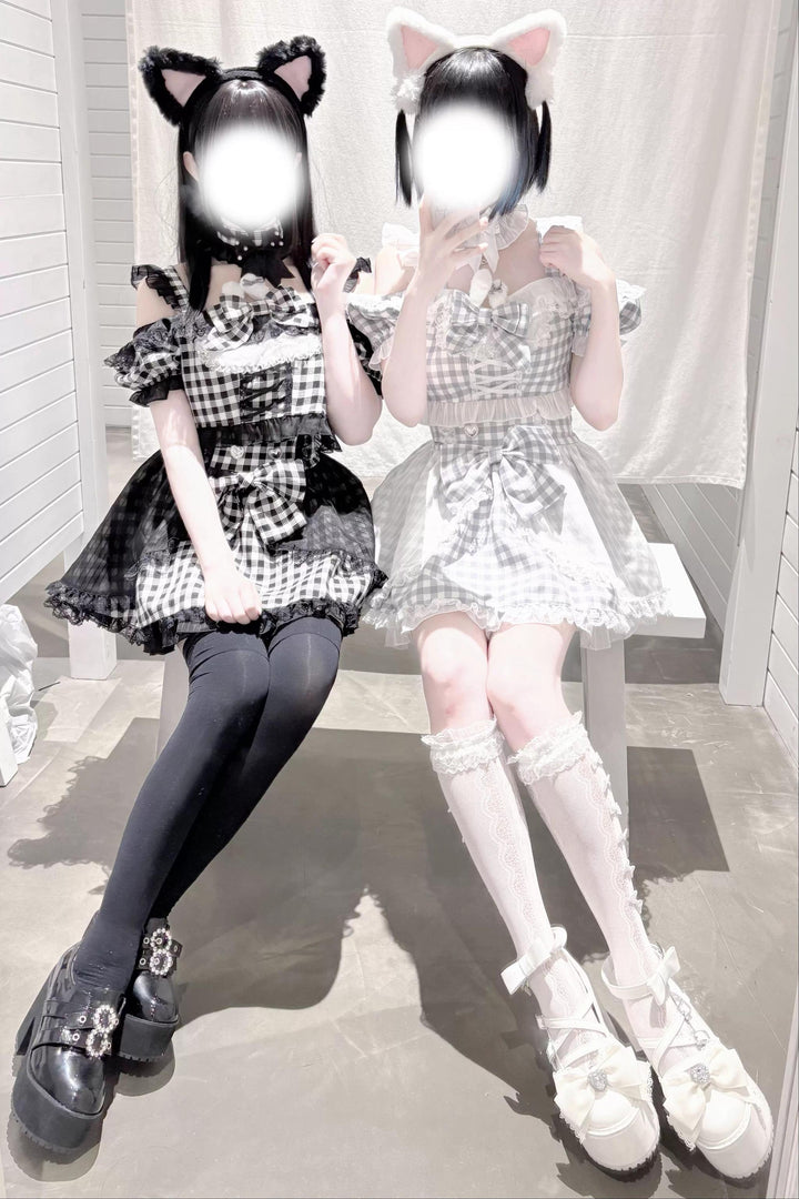 Plaid Stage Jirai Kei Outfit, Furry Bunny Ear Blouse, Skirt 43614:780919