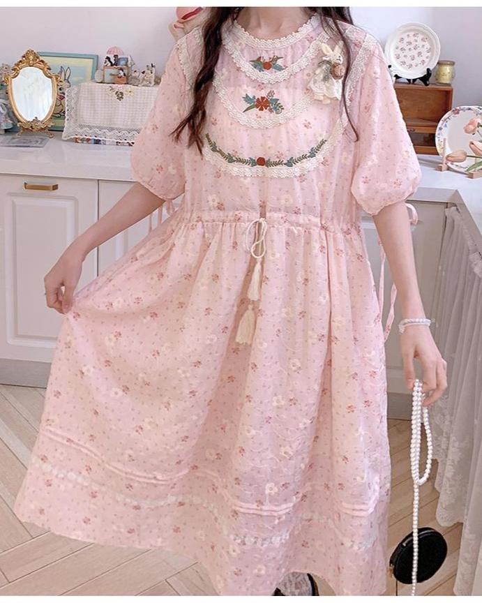 Mori Kei Dress Pink Floral Dress Short Sleeve Dress 36208:523738