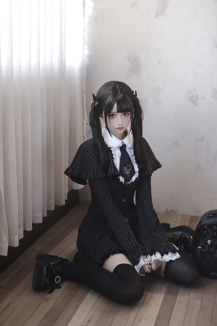 Jirai Kei Cape Dress Set, Detachable Embroidered Tie 44586:814415