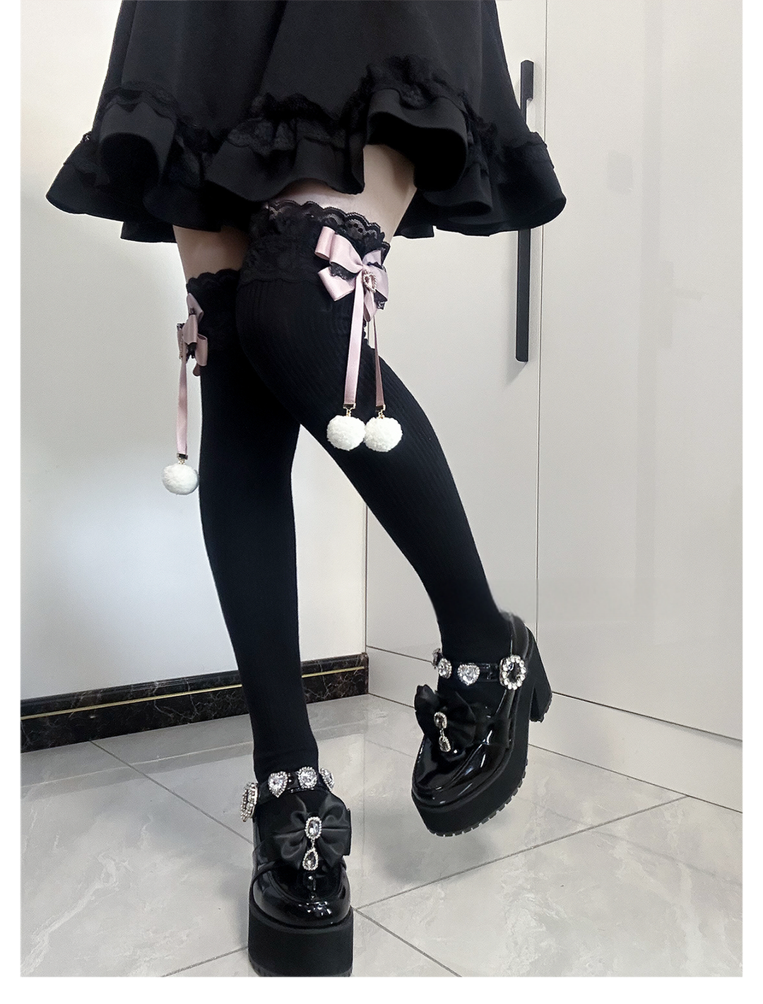 Jirai Kei Knee Socks Lace Bow Pom-Pom Mid-Calf Socks 40886:678932