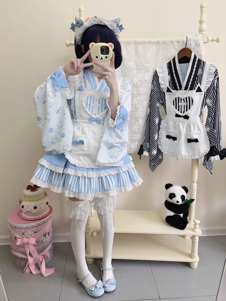 Kimono Lolita Blouse Striped Housemaid Skirt Set 37640:609510