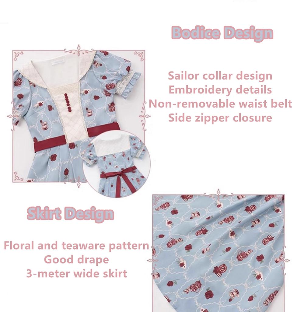 Pink Blue Lolita Dress Short Sleeve Lolita Dress Floral Tea Pot Print 37134:552904