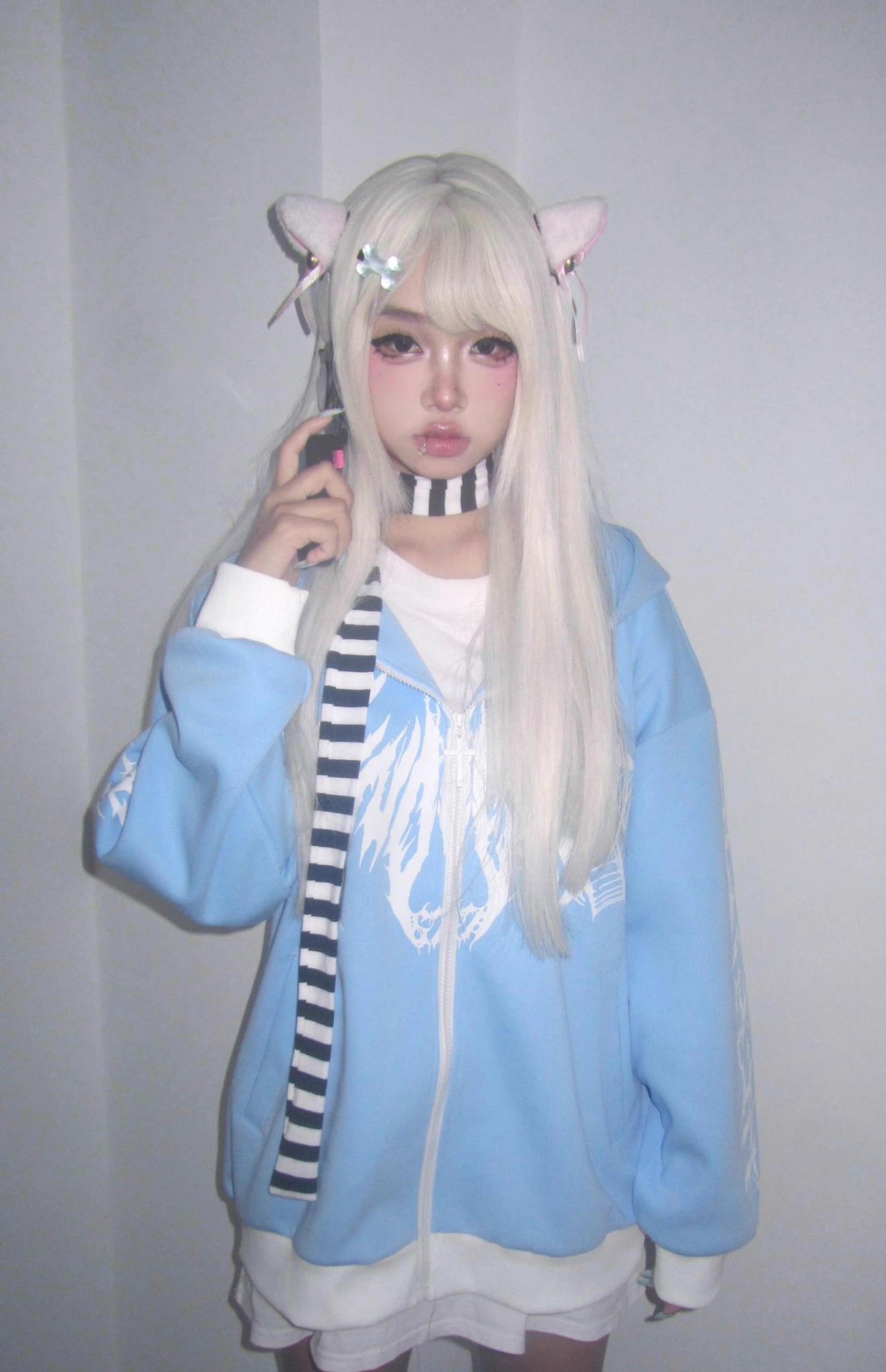 Jirai Kei Hoodie Blue Black Autumn and Winter Coat 33328:430910