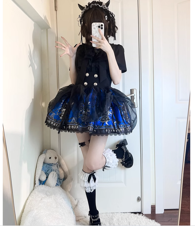 Black Lolita Skirt High-Waisted Print Skirt With Lace Trim 37562:563892