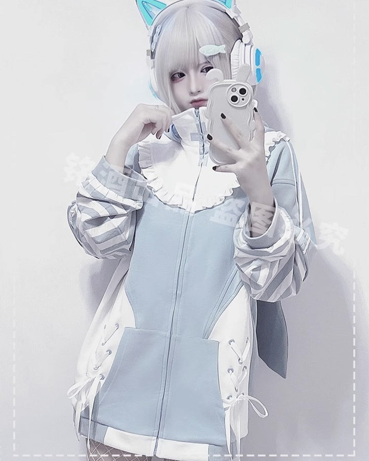 Jirai Kei Blue Hooded Coat With Long Bunny Ears 21834:319460 21834:319460