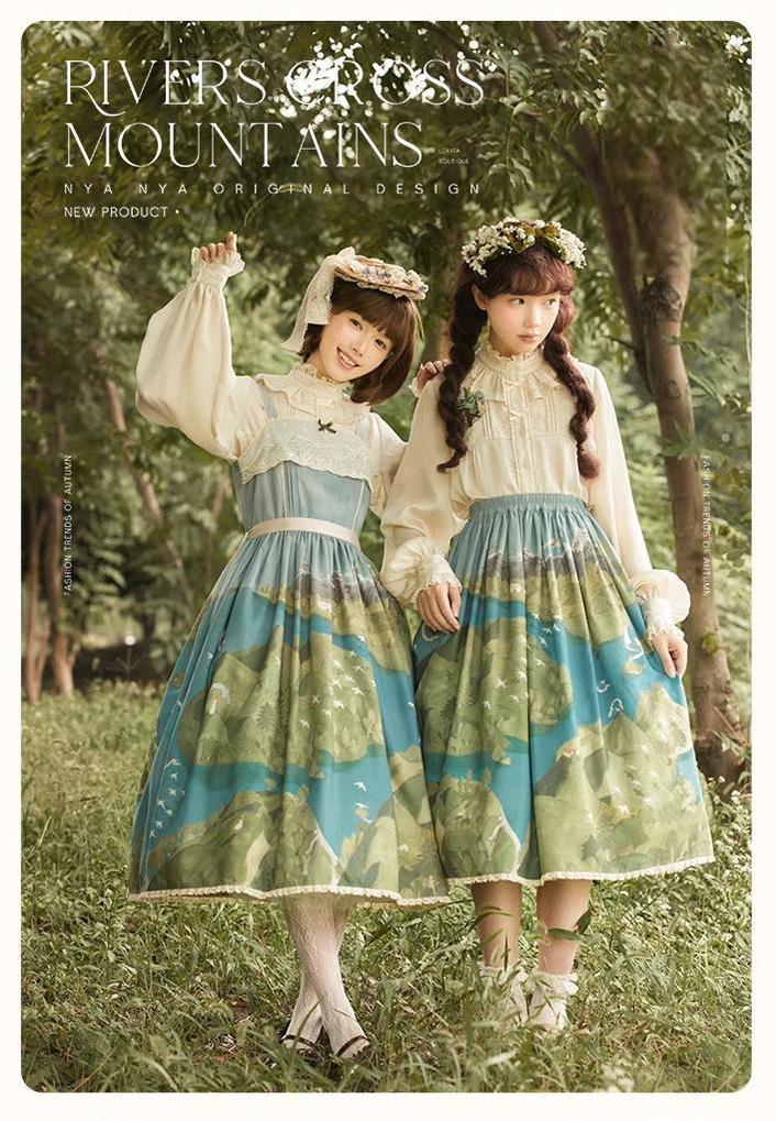 Lolita Dress Rivers Cross Mountains Print Lolita Dress Set 39412:627196