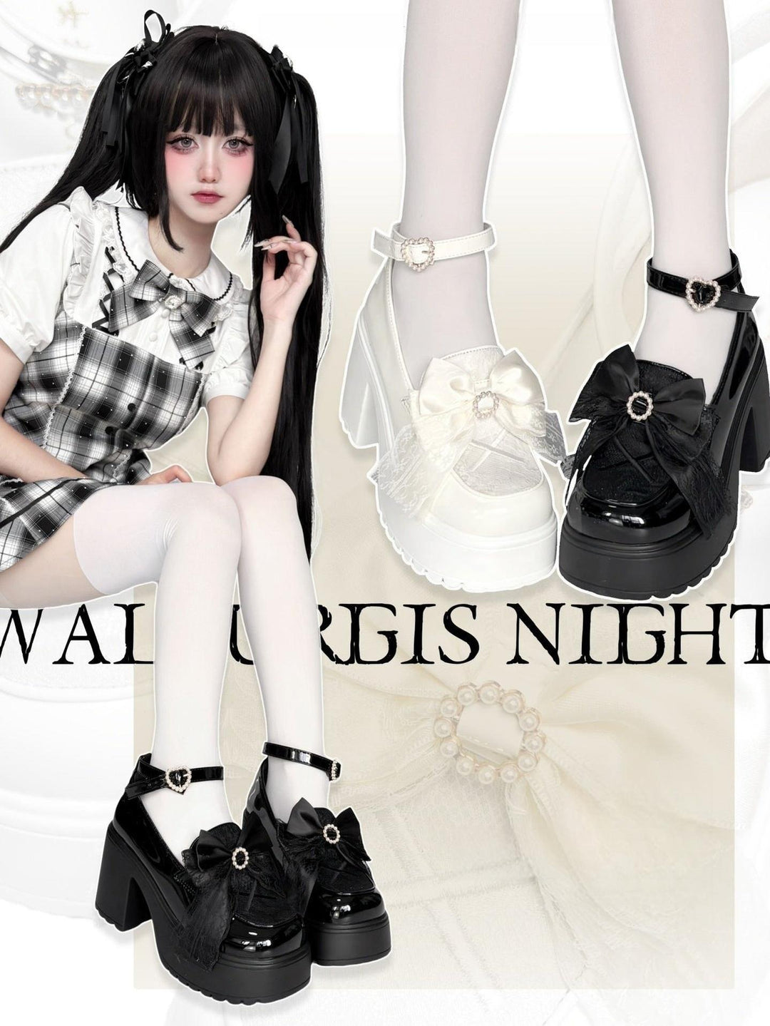 White/Black Jirai Kei Loafer Shoes, High Platform 44889:826014