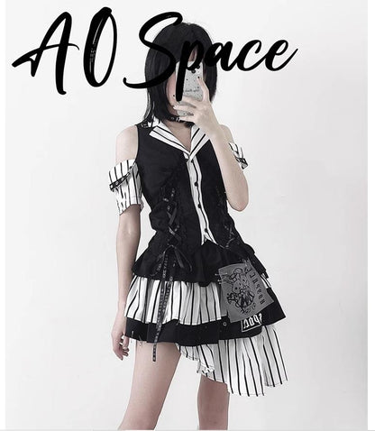 Jirai Kei Off-shoulder Striped Shirt And Ruffled Hem Skirt 37558:564424