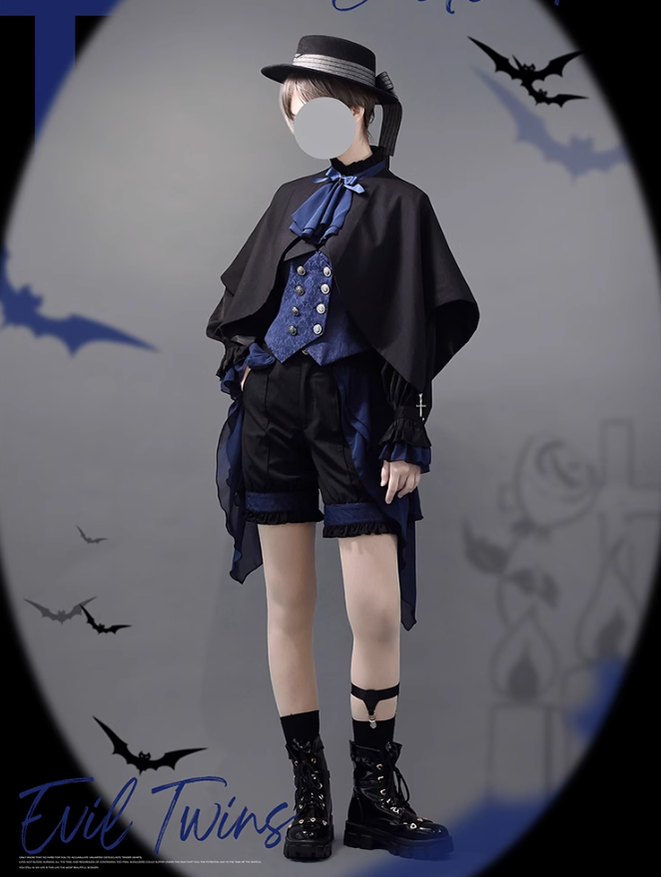 Ouji Lolita Prince Outfit Navy Blue Lolita Blouse Skirt Set 39360:633298