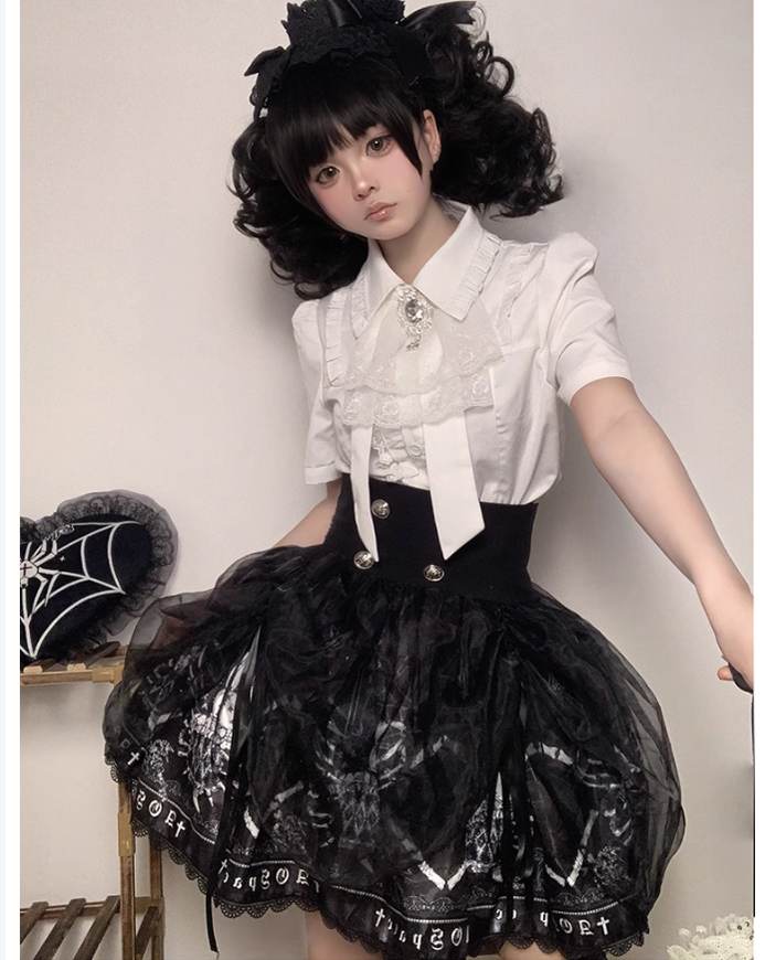 Black Lolita Skirt High-Waisted Print Skirt With Lace Trim 37562:563914