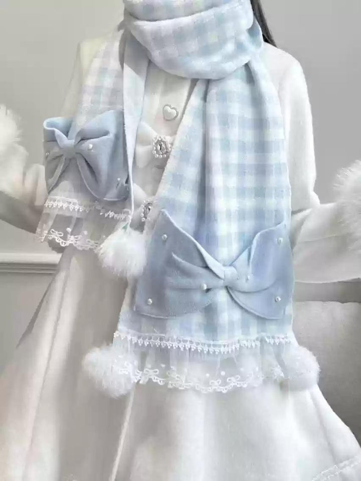 Ryousangata Scarf Plaid Pearl Bow Lace Scarf With Pom Poms 41674:711514