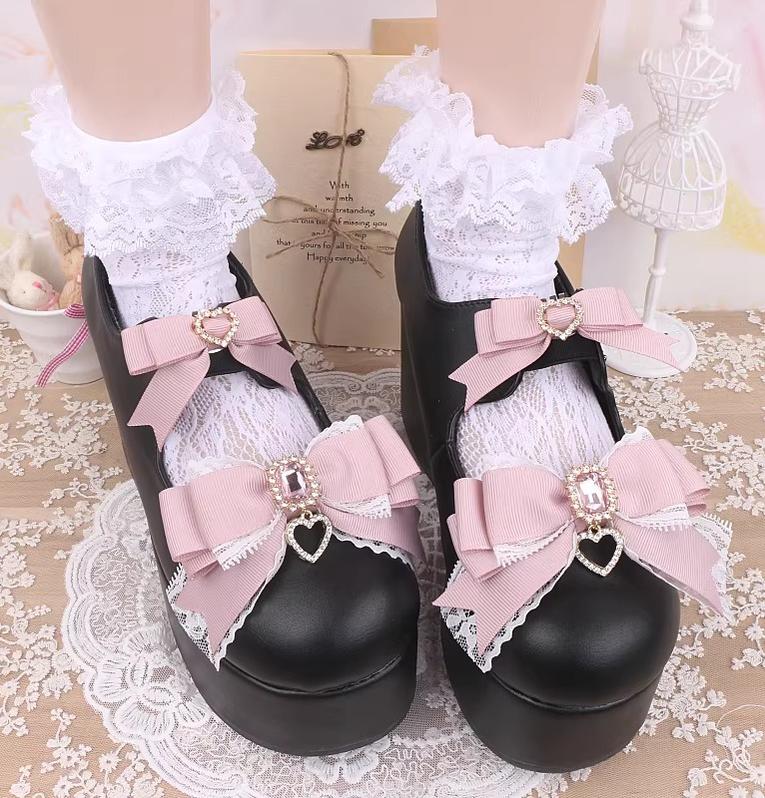 Jirai Kei Bowknot Shoe Clips, Heart Rhinestones 45069:833671