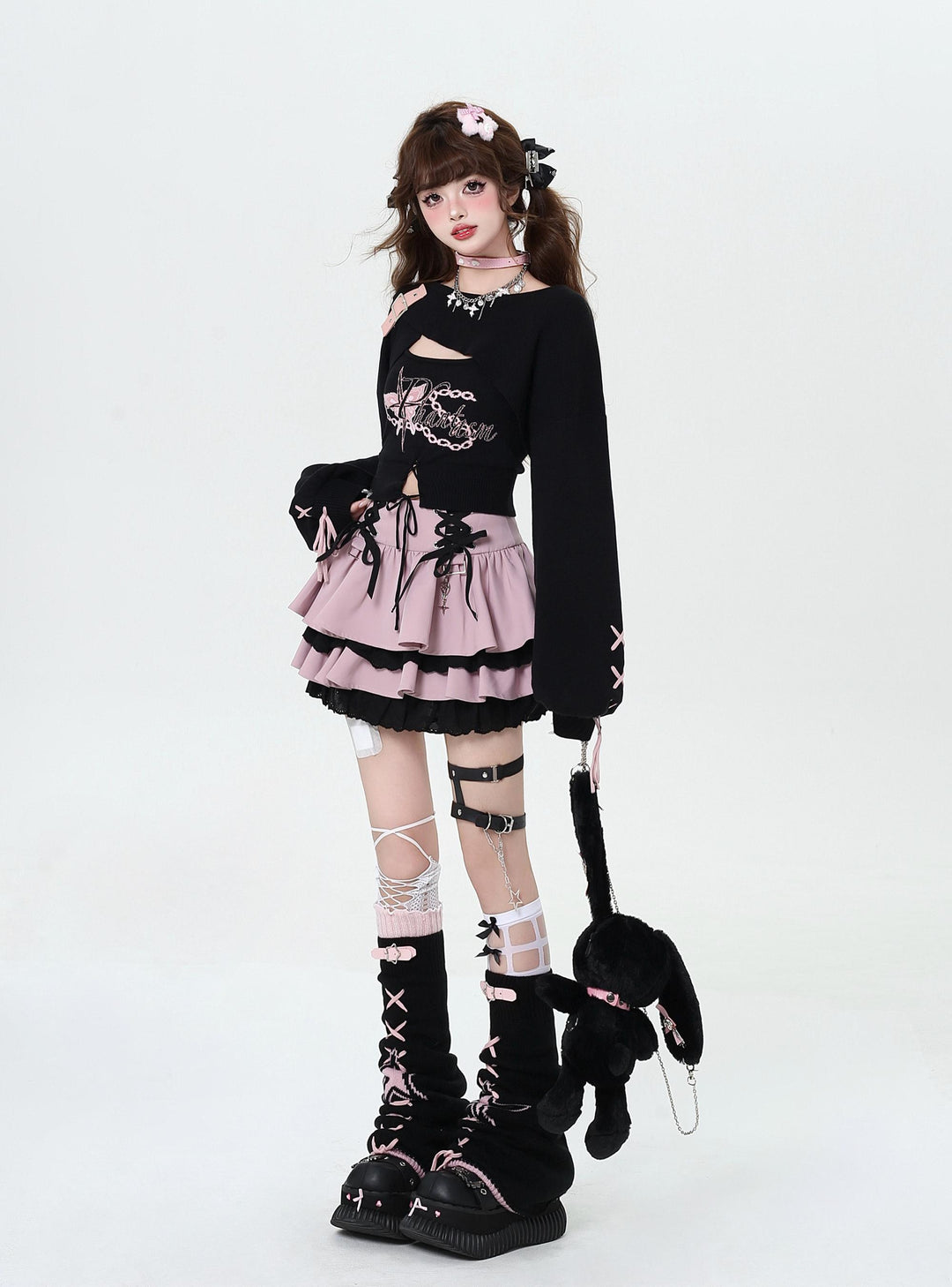 Gyaru Fashion Sweater Sexy Long-Sleeve Knitted Two-Piece Set 41788:719370