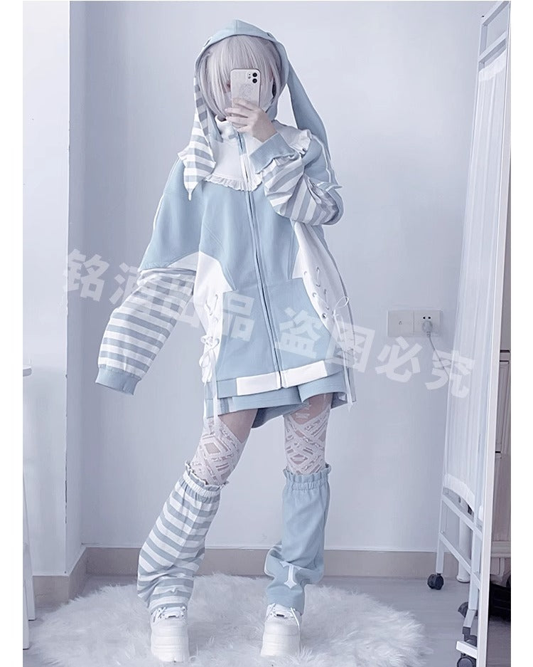 Jirai Kei Blue Hooded Coat With Long Bunny Ears 21834:319472 21834:319472