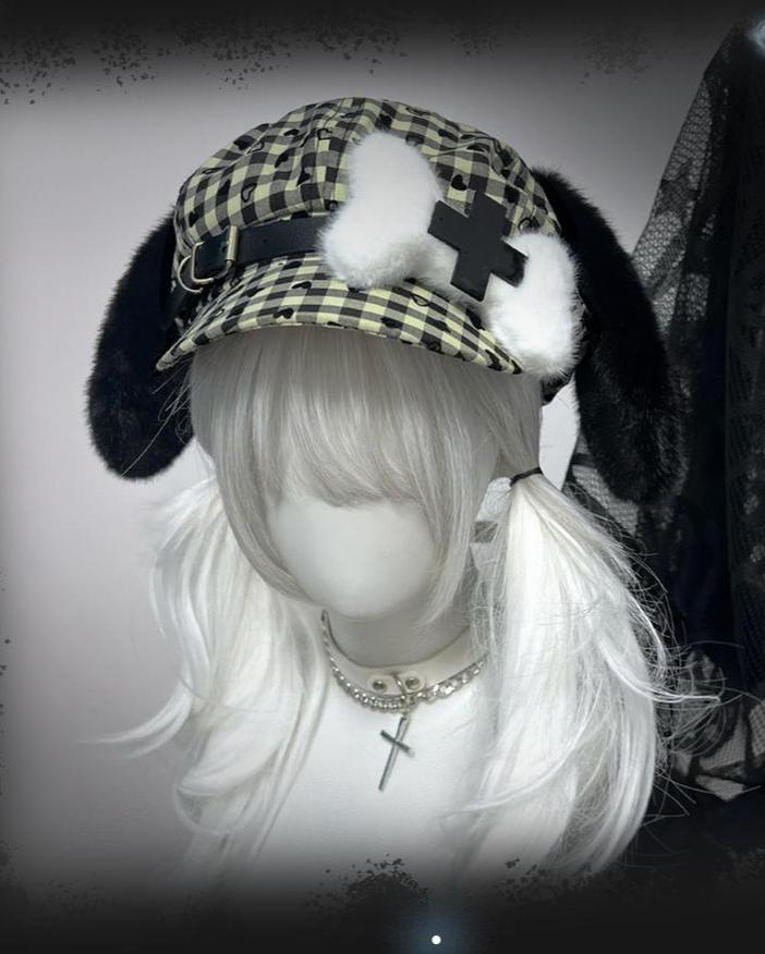 Subculture Beret Kawaii Puppy Ear Bone Plaid Hat 40952:696812