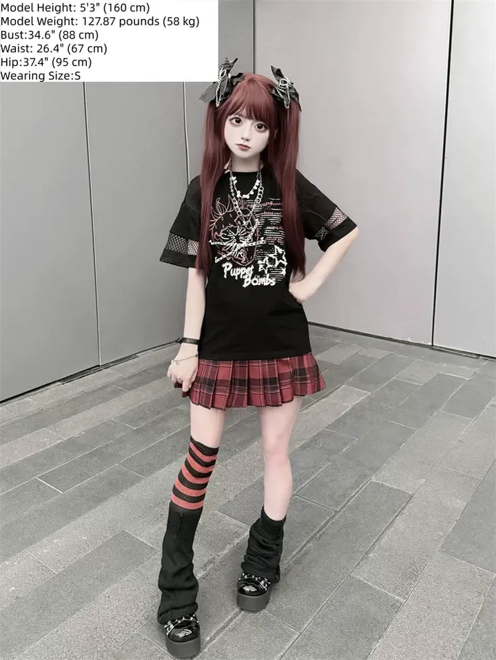 Punk Strawberry and Chain Print T-shirt, Red Plaid Skirt 45365:851957