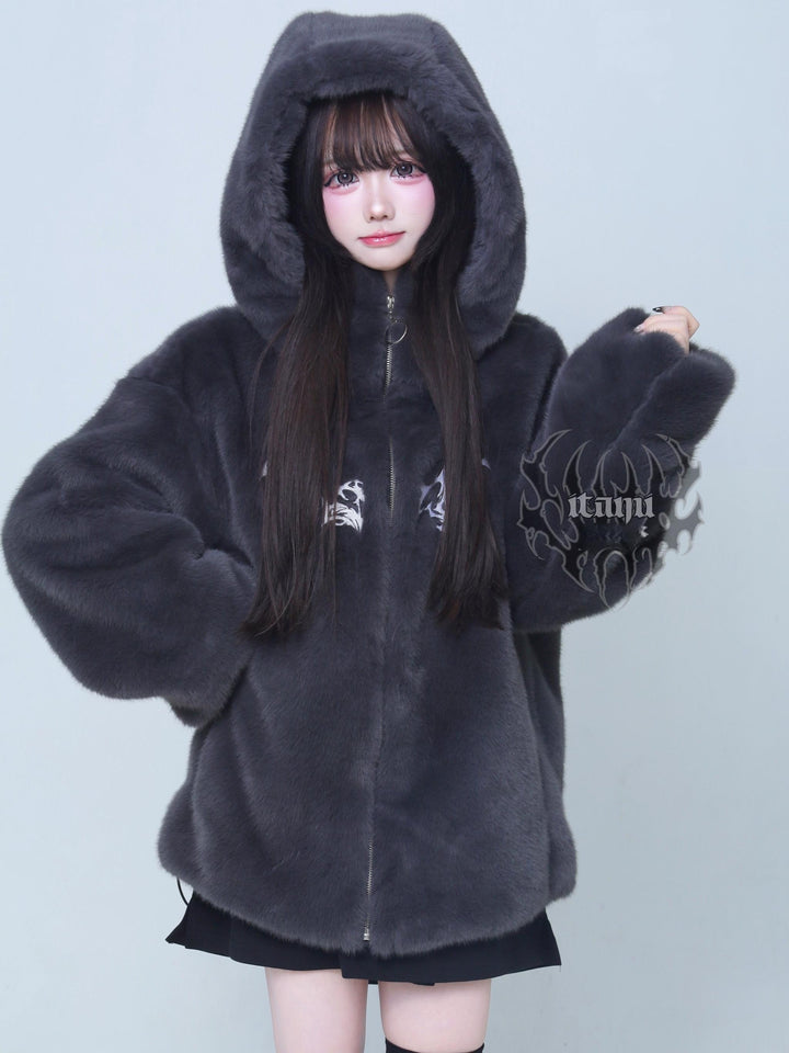 Gothic Gray Faux Fur Coat, Oversized 44519:812195