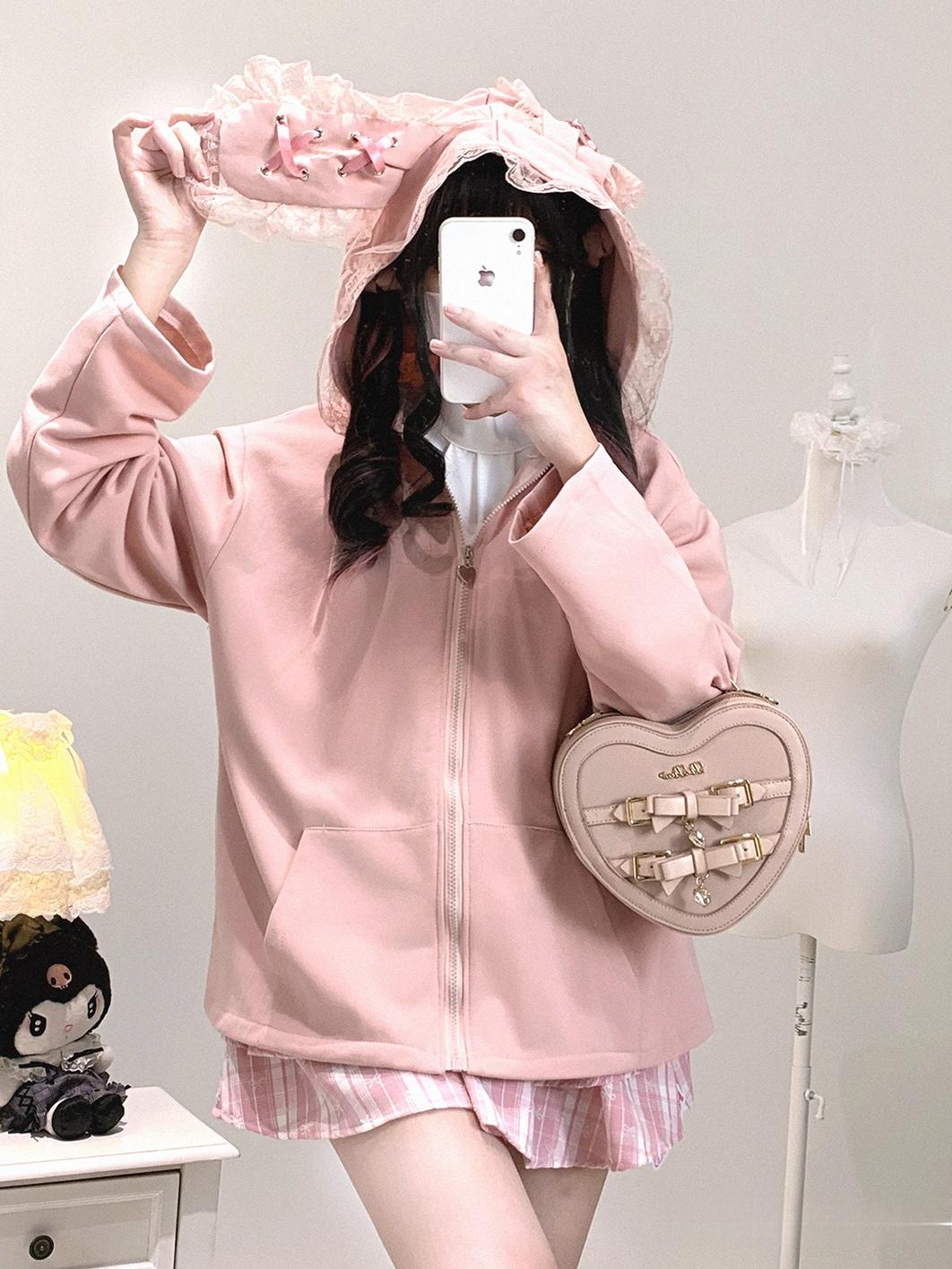 Kawaii Zipper Closure Jacket, Lace Bunny Ear (Pink) 44002:792526