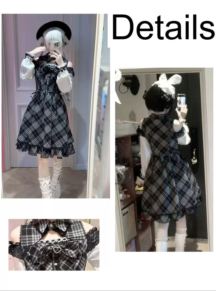 Jirai Kei Plaid Open-Shoulder Dress, Long Sleeves 46111:875368