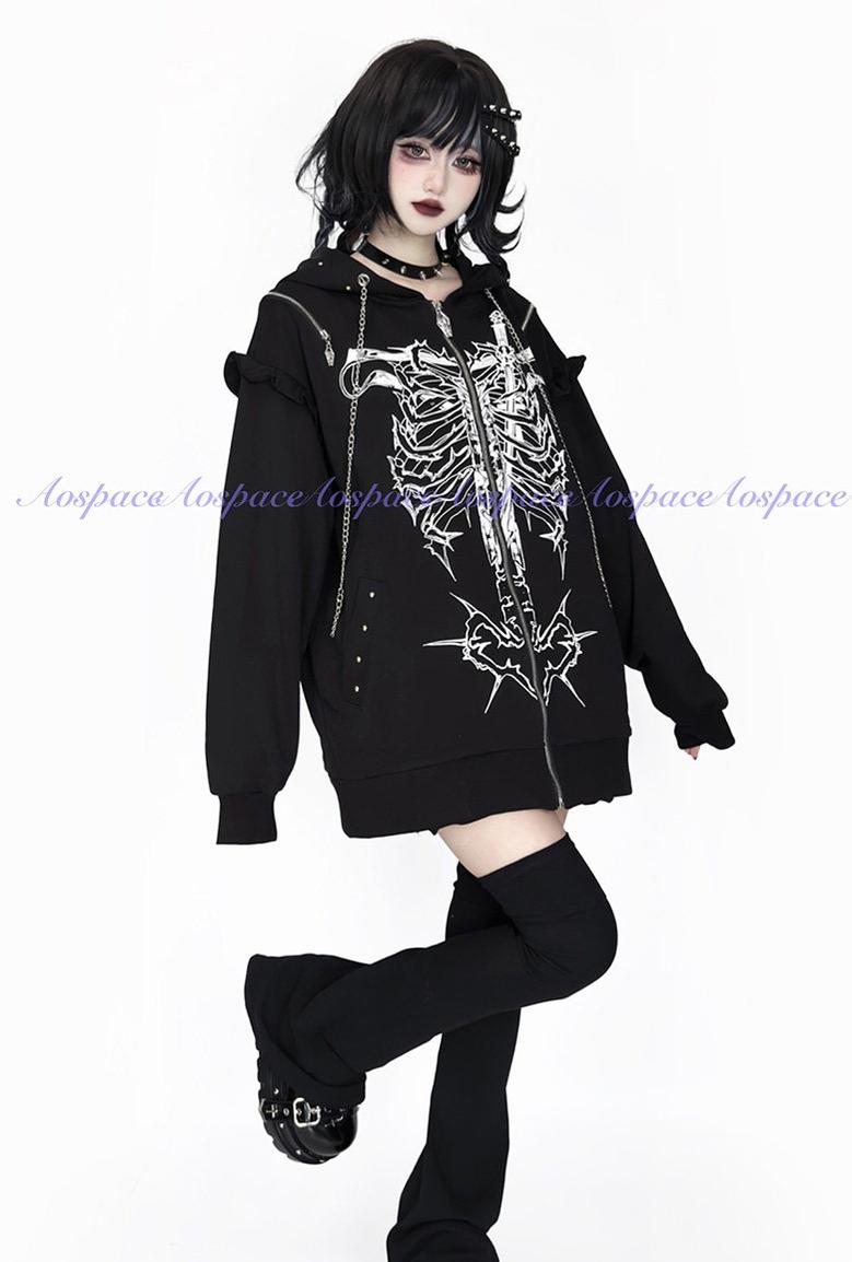 Subculture Ribcage Printed Zipper Hoodie, Open Shoulder – Honey