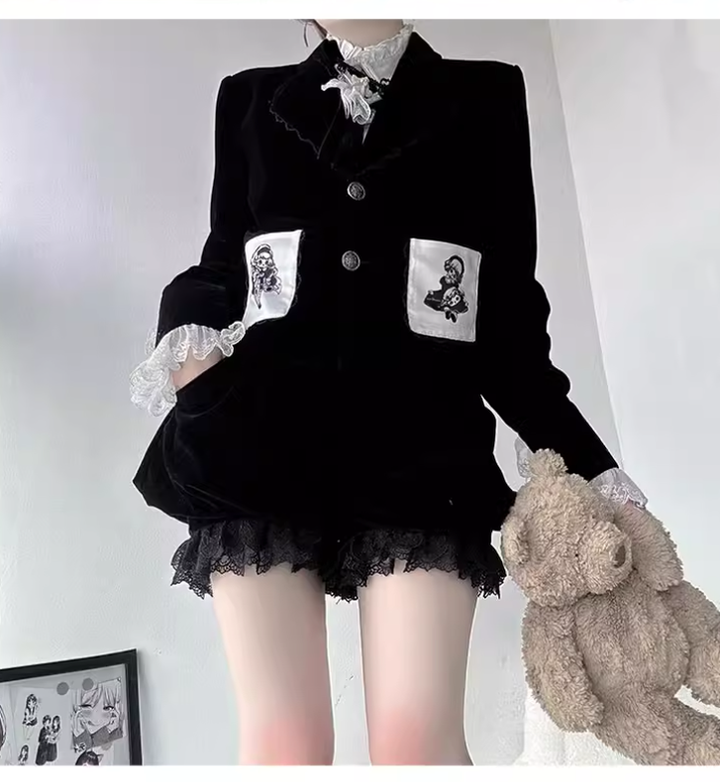 Ouji Lolita Prince Outfit Set Black Skirt Velvet Shorts Set 39368:631932