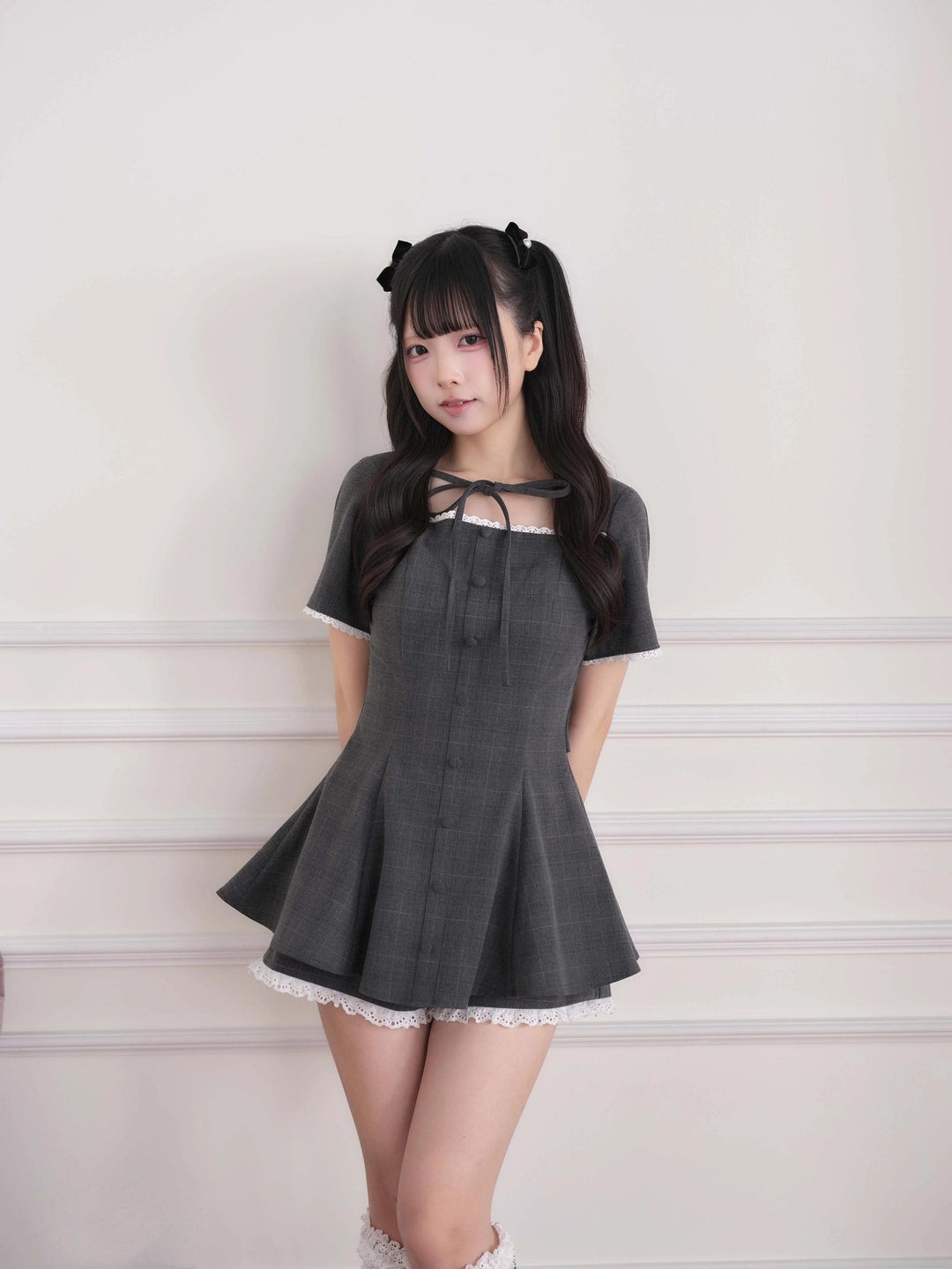 Ryousangata Lace Trim Dress & Elastic Shorts Set 45835:864536
