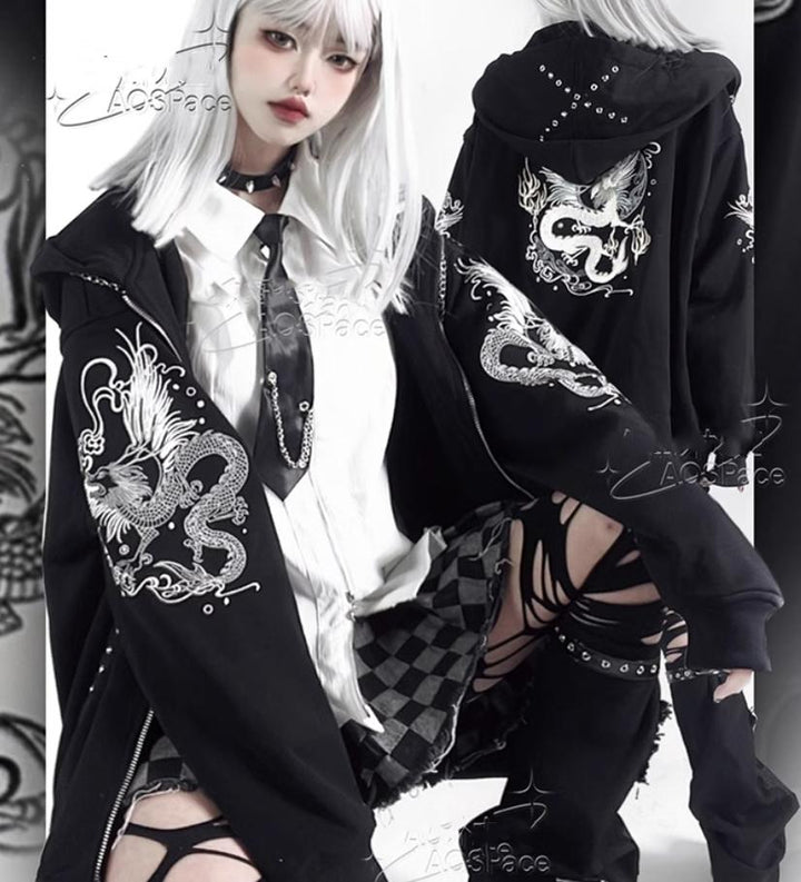 Subculture Black Coat Dragon Printed Hooded Jacket 38076:580600