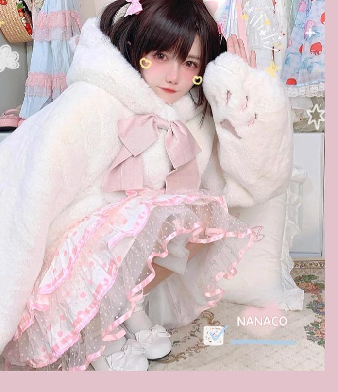 Sweet Lolita Coat Jirai Kei Winter Coat White Black Fleece Coat 32404:385990