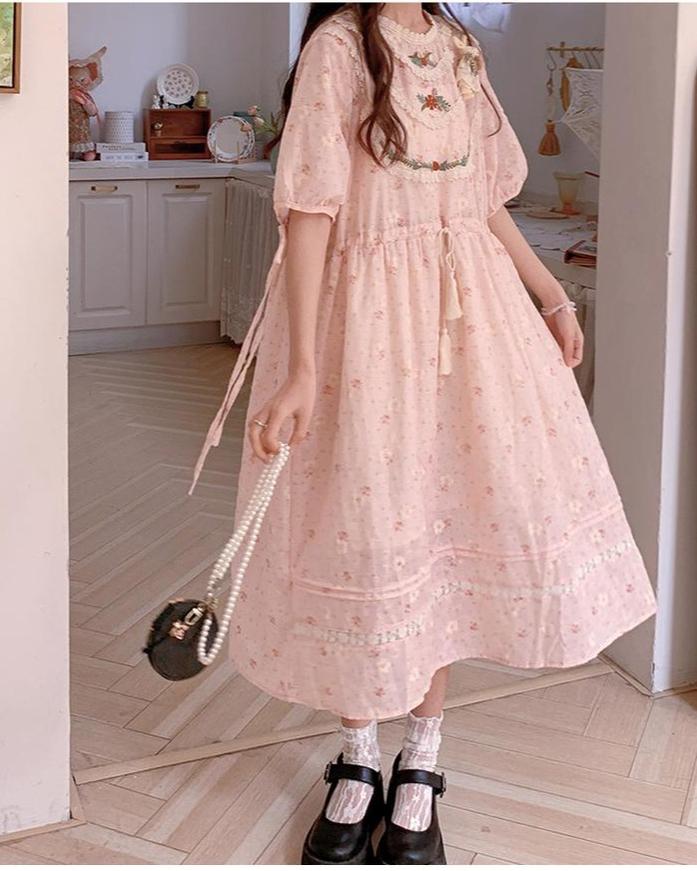 Mori Kei Dress Pink Floral Dress Short Sleeve Dress 36208:523734