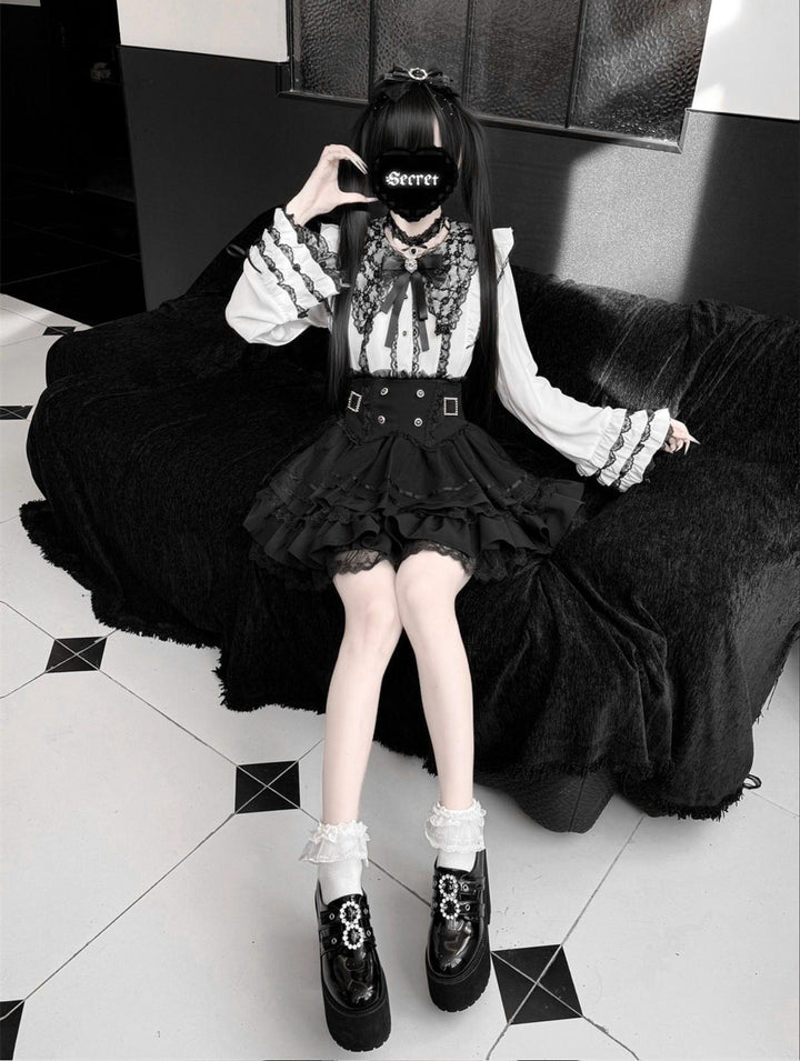 Jirai Kei Lace Blouse, High-Waist Tiered Skirt 44525:811456