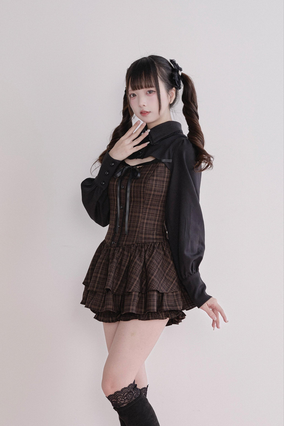 Jirai Kei Plaid Dress Set, Tiered Ruffles 44594:815608