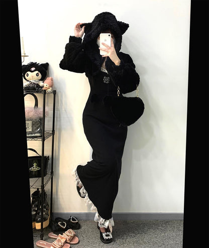 Jirai Kei Dress Ryousangata Lace Slip Dress Long Version (Black) 34412:459902