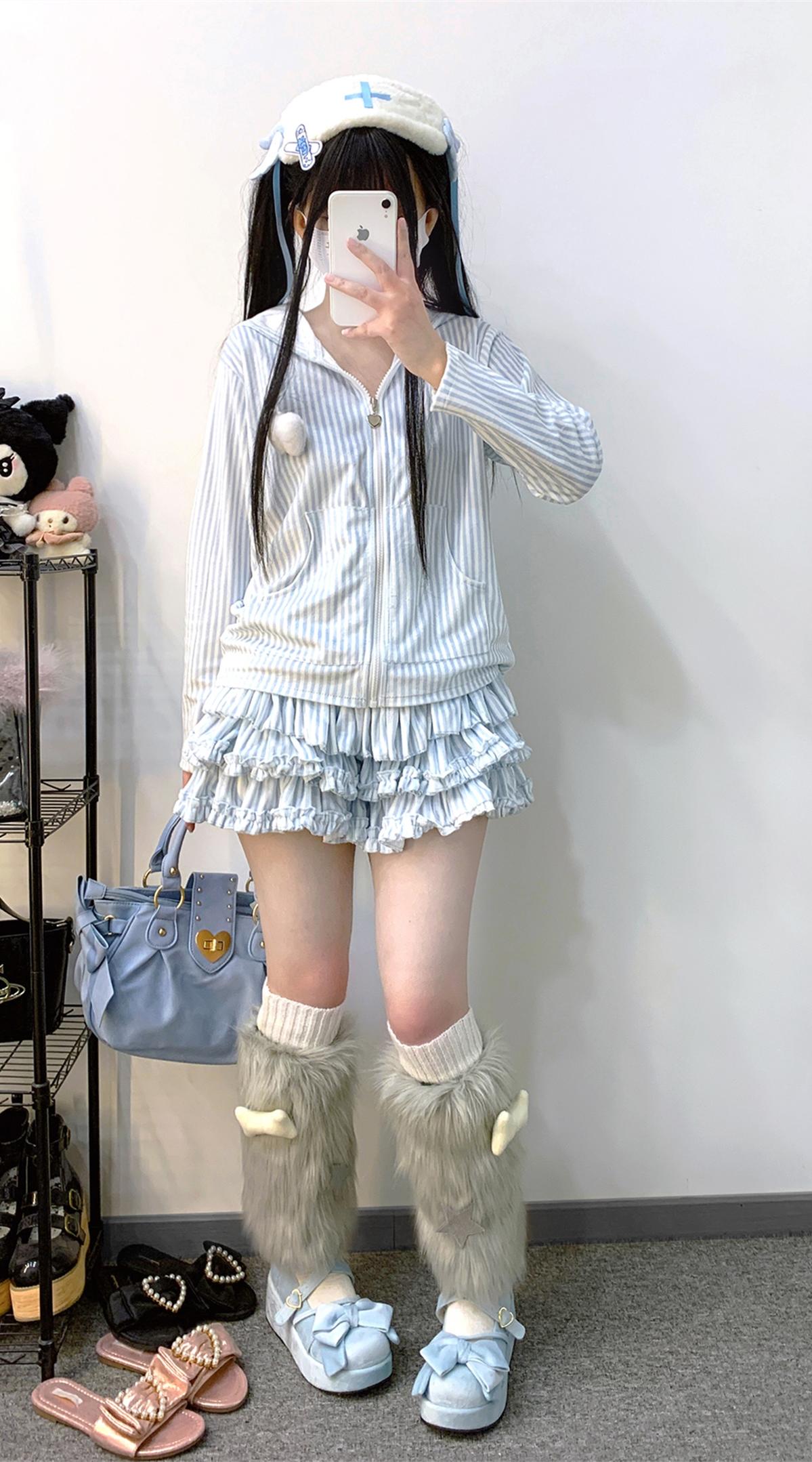 Jirai Kei Hoodie Skirt Set Stripe Hoodie Bunny Ear Coat (In-Stock) 34402:460488
